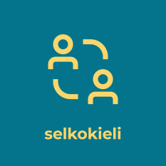 Kaksi hahmoa vastakkain, heidän välissään kaarevat viivat, jotka kuvaavat vuorovaikutusta. Alla lukee "selkokieli".