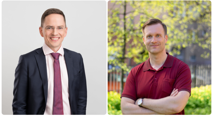 Puolivartalokuvat kahdesta miehestä, jotka katsovat hymyillen kameraan. Vasemmalla oleva seisoo puku päällä studiossa ja oikealla oleva t-paita päällä puistomaisemassa.